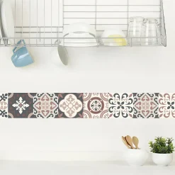Frise adhésive autocollante 15 cm X 300 cm, motif carreaux de ciment ancien rosé, borgatella tomette décorative.