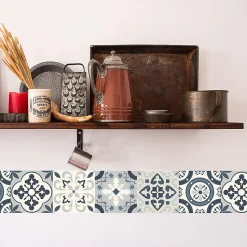 Frise adhésive autocollante 15 cm X 300 cm, motif carreaux de ciment ancien, borgatella bleu, décoration murale intérieure.