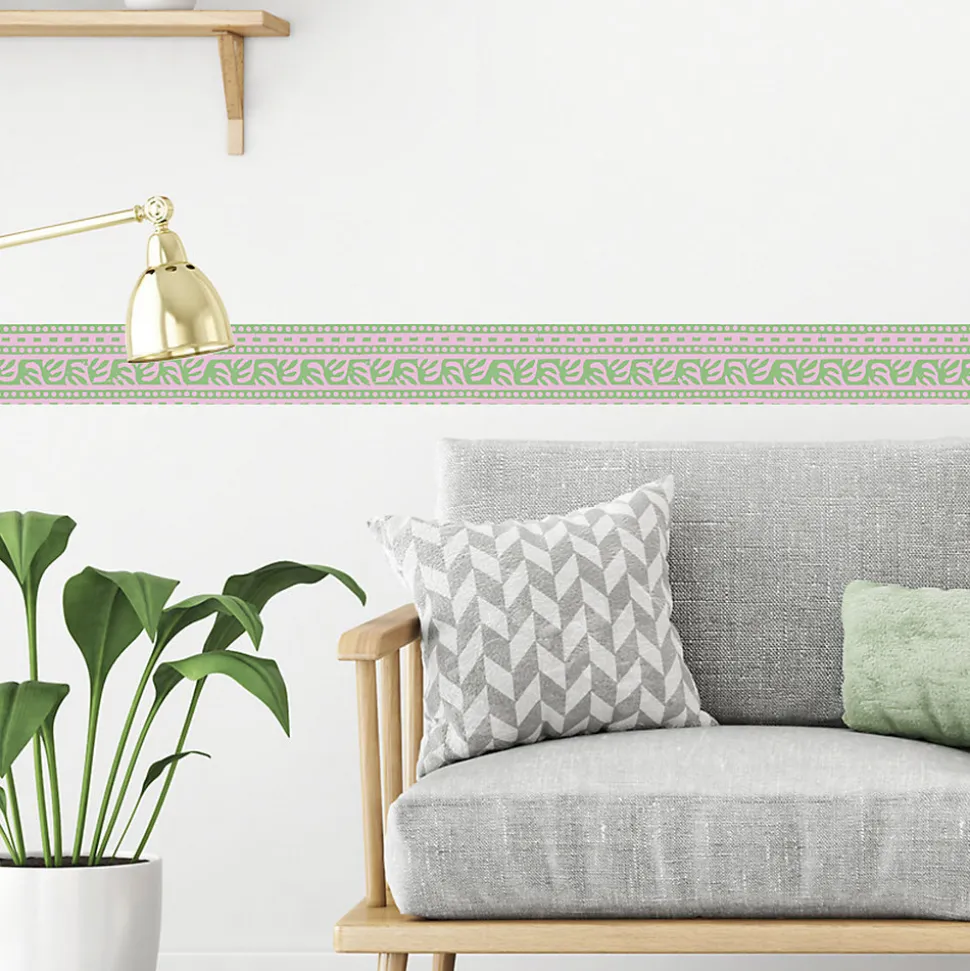 Frise adhésive déco murale, style géométrique, 5 cm X 300 cm, rose et verte.