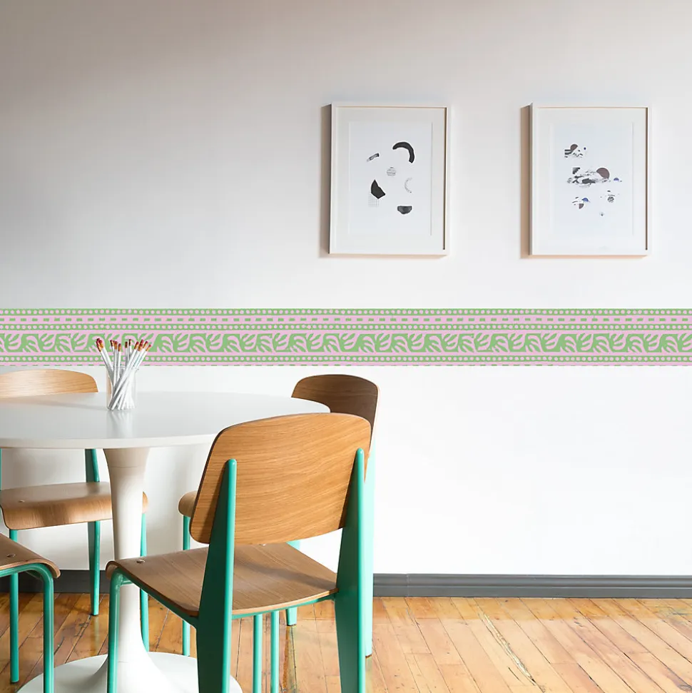 Frise adhésive déco murale, style géométrique, 5 cm X 300 cm, rose et verte.
