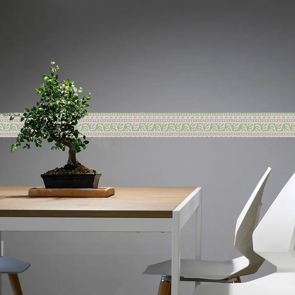 Frise adhésive déco murale, style géométrique, 5 cm X 300 cm, rose et verte.