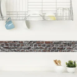 Frise adhésive décorative autocollante, style industriel, trompe l'oeil mur de brique, ciment, gris et rouge, 15 cm X 300 cm
