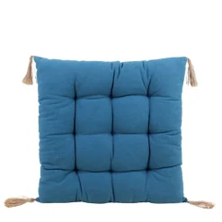 Galette de chaise bleue avec pompons 40x40cm