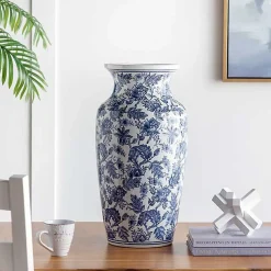 Grand vase céramique floral blanc et bleu 30x30x61cm