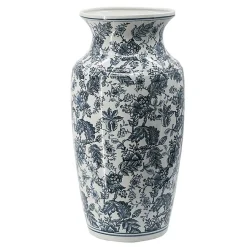 Grand vase céramique floral blanc et bleu 30x30x61cm