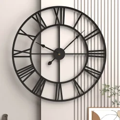 Grande horloge murale ronde en métal style vintage, silencieuse, sans tic-tac, à piles, 40 cm, noire, chiffres romains