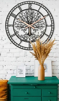 Horloge Murale en Métal Arbre de Vie Silencieuse pour Cuisine, Salon, Salle de Bain, Chambre à Coucher (60 x 60 cm)