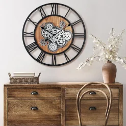 Horloge Murale Industrielle Engrenages Géante Chiffres Romains 57 cm, Noire, pour Salon Bar Bureau