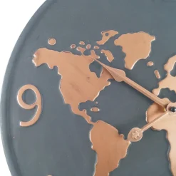 Horloge Murale Métal, Design Mappemonde, Gris Foncé Brun Cuivré, Salon Cuisine 45 cm