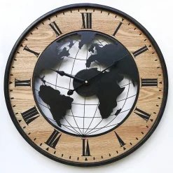 Horloge Murale Ronde Rétro Marron Noir Mdf Analogique 50x50x4,5