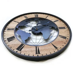 Horloge Murale Ronde Rétro Marron Noir Mdf Analogique 50x50x4,5