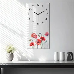 Horloge murale Wallfluent 30x60 cm Avec chiffres Aiguilles noires Coquelicots rouges peints 1 pcs