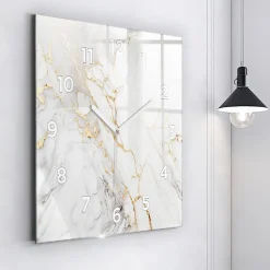 Horloge murale Wallfluent 60x60 cm Avec chiffres Aiguilles blanches Marbre décoratif 1 pcs