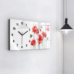 Horloge murale Wallfluent 60x30 cm Avec chiffres Aiguilles noires Coquelicots rouges peints 1 pcs