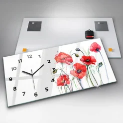 Horloge murale Wallfluent 60x30 cm Avec chiffres Aiguilles noires Coquelicots rouges peints 1 pcs
