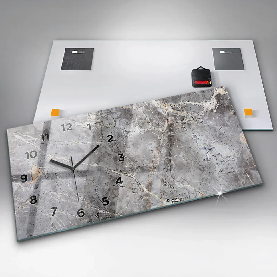 Horloge murale Wallfluent 60x30 cm Avec chiffres Aiguilles noires Granit gris marbré 1 pcs