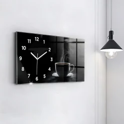 Horloge murale Wallfluent 60x30 cm Avec chiffres Aiguilles blanches Tasse de café noir 1 pcs