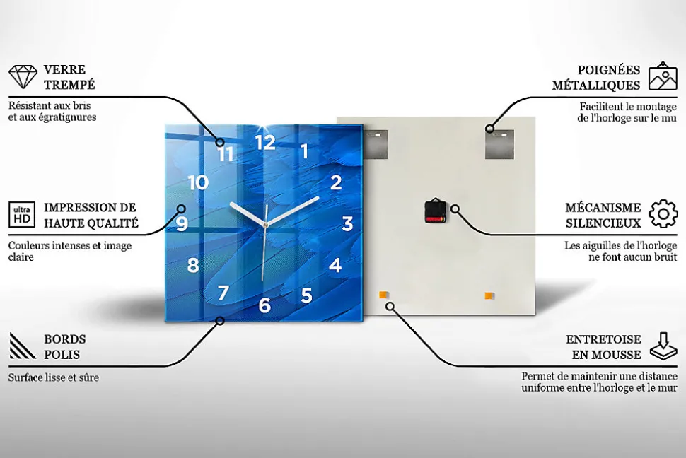 Horloge murale Wallfluent 60x60 cm Avec chiffres Aiguilles blanches Noir 1 pcs