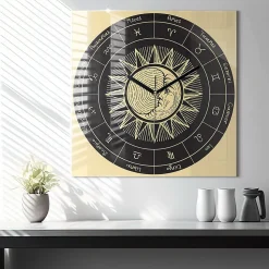 Horloge murale Wallfluent 60x60 cm Aiguilles noires Zodiaques et Soleil 1 pcs