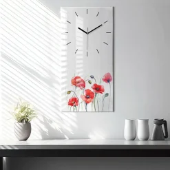 Horloge murale Wallfluent 30x60 cm Aiguilles noires Coquelicots rouges peints 1 pcs