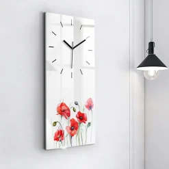 Horloge murale Wallfluent 30x60 cm Aiguilles noires Coquelicots rouges peints 1 pcs