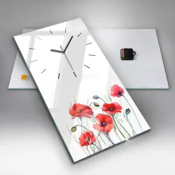 Horloge murale Wallfluent 30x60 cm Aiguilles noires Coquelicots rouges peints 1 pcs