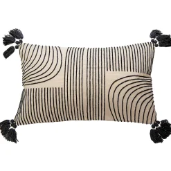 Housse de coussin brodée à pompons en coton blanc et noir L.50 x l.30cm Deko & Co