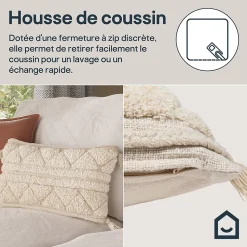 Housse de coussin coton tufté Manille imprimé bohème beige 50 x 30 cm GoodHome