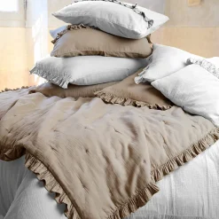 Housse de coussin en mousseline de coton volant central 45x45 cm cm ELZA blanc neige