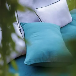 Housse de coussin PRELUDE 80x80 cm lin et coton lavé bleu Topaze