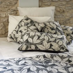 Housse de coussin 45x45 cm lin lavé imprimé végétal HELIOS noir Café