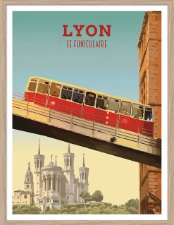 Image encadrée Lyon le funiculaire bleu, rouge l.30 x H.40cm Dada Art