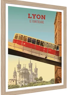 Image encadrée Lyon le funiculaire bleu, rouge l.30 x H.40cm Dada Art