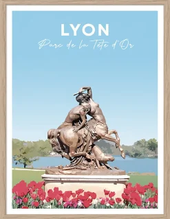 Image encadrée Lyon statue parc de la tête d'or bleu, blanc l.30 x H.40cm Dada Art