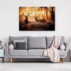 Image Sur Toile CERF Lever du Soleil 3D 120cm x 80cm - Parfait pour décorer votre salon, chambre ou bureau avec un design unique