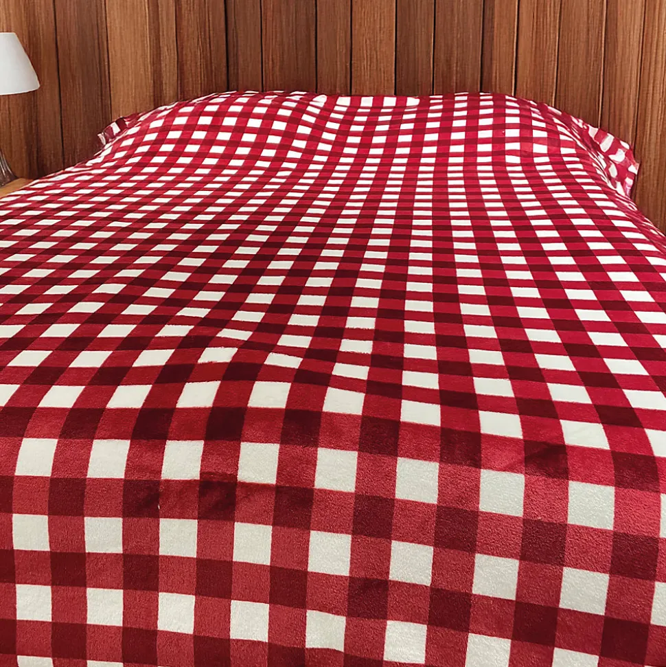 Jeté de canapé et lit motif vichy en polaire (220x240 cm - Bordeaux)