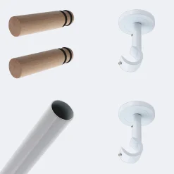 Kit de tringle à rideaux Blanc 150cm Diam.20mm Embout Cylindre Bois - Fixation Plafond - Boulet