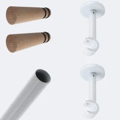 Kit de tringle à rideaux Blanc 150cm Diam.20mm Embout Cône Bois - Fixation Mur - Boulet