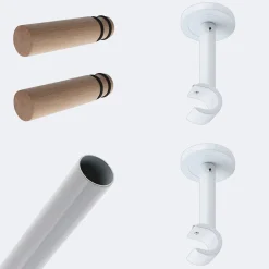Kit de tringle à rideaux Blanc 200cm Diam.20mm Embout Cylindre Droit Bois - Fixation Mur - Boulet