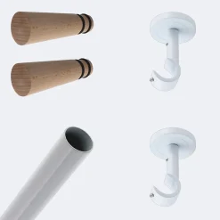 Kit de tringle à rideaux Blanc 200cm Diam.20mm Embout Cône Bois - Fixation Plafond - Boulet