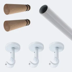 Kit de tringle à rideaux Blanc 250cm Diam.20mm Embout Cône Bois - Fixation Plafond - Boulet