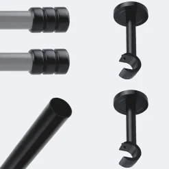Kit de tringle à rideaux Noir Mat 200cm Diam.20mm Embout Cylindre 2ST - Fixation Mur - Boulet