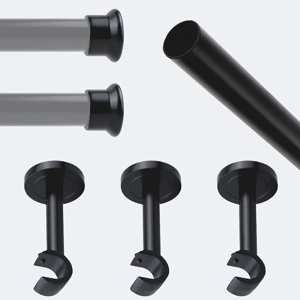 Kit de tringle à rideaux Noir Mat 250cm Diam.20mm Embout Chapeau - Fixation Mur - Boulet