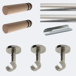 Kit de tringle à rideaux Nickel Mat 300cm Diam.20mm Embout Cylindre Bois - Fixation Plafond - Boulet