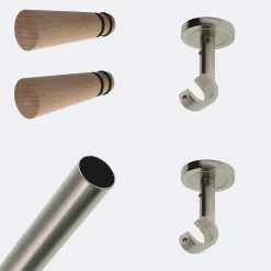 Kit de tringle à rideaux Nickel Mat 200cm Diam.20mm Embout Cône Bois - Fixation Plafond - Boulet