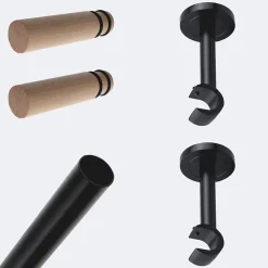 Kit de tringle à rideaux Noir Mat 200cm Diam.20mm Embout Cylindre Bois - Fixation Mur - Boulet