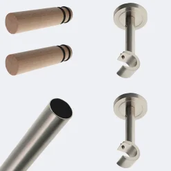 Kit de tringle à rideaux Nickel Mat 150cm Diam.20mm Embout Cylindre Bois - Fixation Mur - Boulet