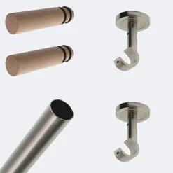 Kit de tringle à rideaux Nickel Mat 200cm Diam.20mm Embout Cylindre Droit Bois - Fixation Plafond - Boulet
