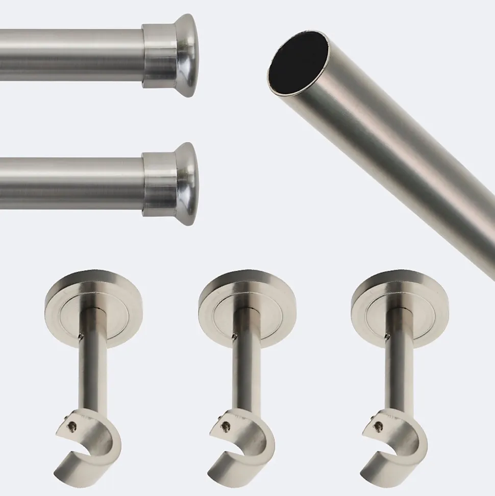 Kit de tringle à rideaux Nickel Mat 250cm Diam.20mm Embout Chapeau - Fixation Mur - Boulet