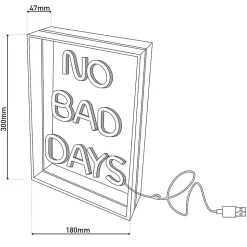 Lampe d'écriture LED 'NO BAD DAYS' Décoration pour l'intérieur 30 x 18 cm, en bleu et magenta-rouge